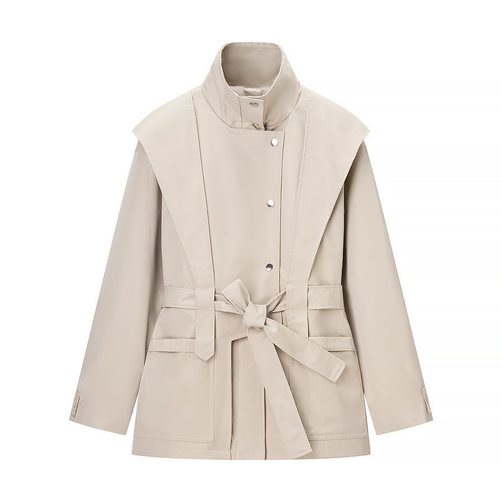 Damen Kurzjacke mit Cape-Schulter, Stehkragen und Taillengürtel Drune