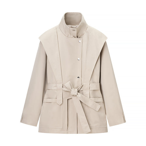 Damen Kurzjacke mit Cape-Schulter, Stehkragen und Taillengürtel Drune