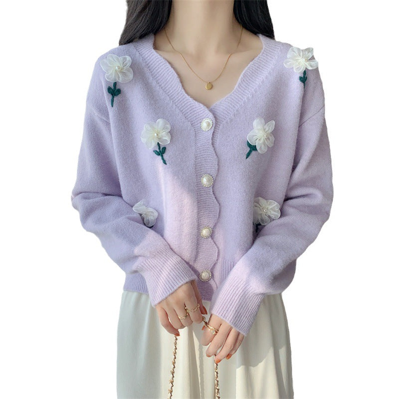 Damen verspielte Strickjacke mit Blumenstickerei und Perlenknöpfen Drune