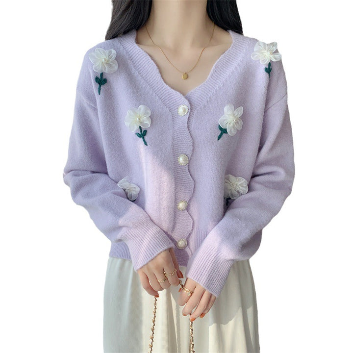 Damen verspielte Strickjacke mit Blumenstickerei und Perlenknöpfen Drune