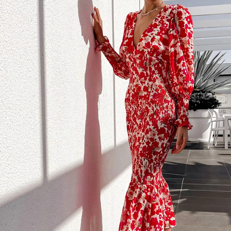 Damen Bodycon Kleid mit Rüschensaum und glamourösem Blumenmuster Drune