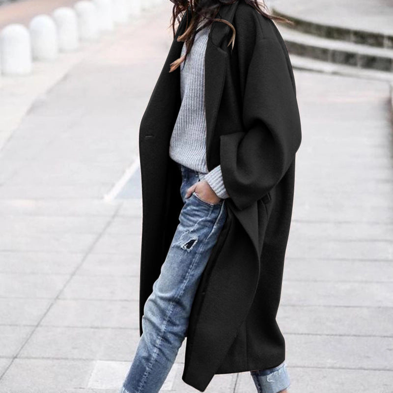 Damen Oversize Wollmantel mit fallender Schulter, offener Front und Eingrifftaschen Drune