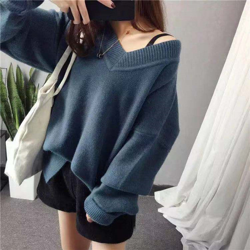 Damen Grob gestrickter V-Ausschnitt Pullover mit lässigem Schnitt und oversized Ärmeln Drune