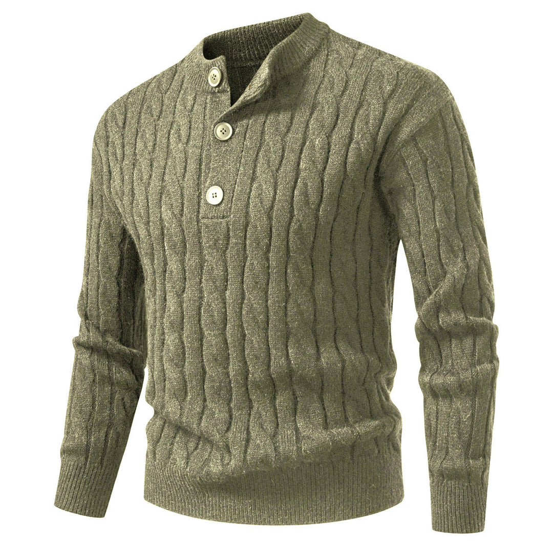 Herren Zopfmuster-Pullover mit kurzer Knopfleiste und Stehkragen Drune