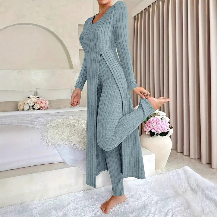 Damen eleganter und modischer Jumpsuit mit seitlichen Schlitzen und langen Ärmeln Drune