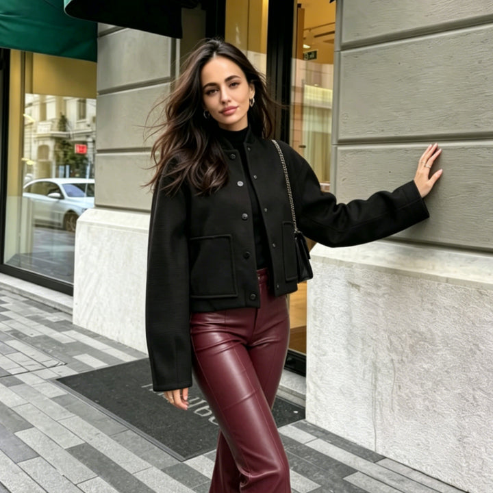 Damen Cropped Wollboxy‑Jacke mit kurzem Stehkragen und aufgesetzten Taschen Drune