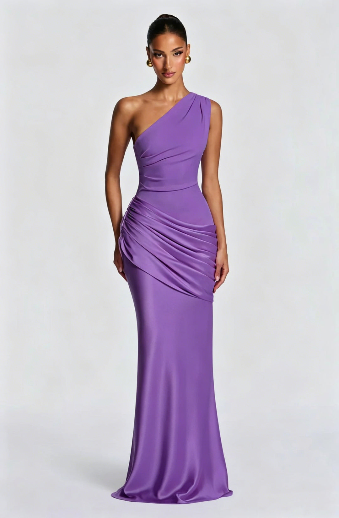 Damen Elegantes One-Shoulder Maxikleid mit fließenden Drapierungen Drune