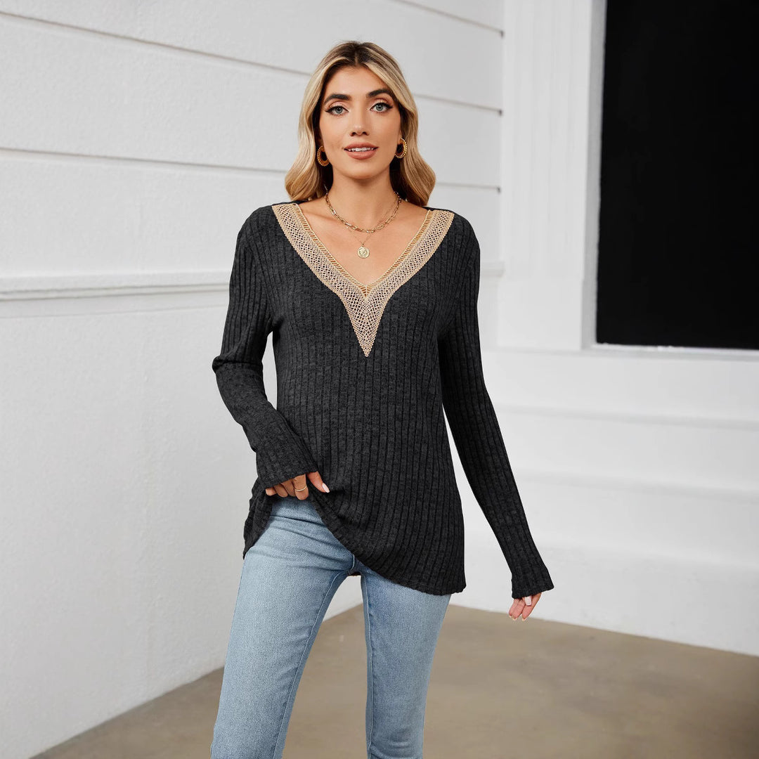 Damen Strickpullover mit V-Ausschnitt und romantischer Spitze Drune