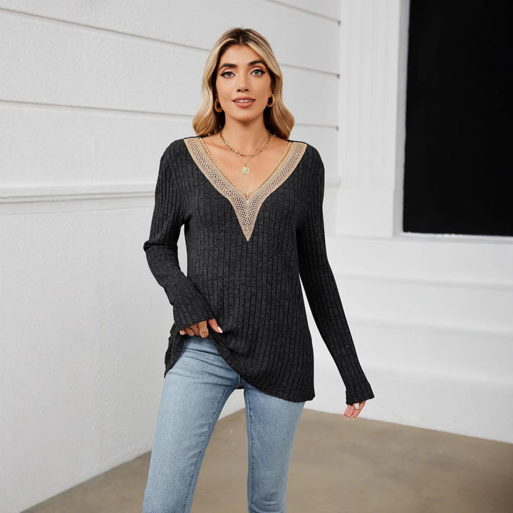 Damen Strickpullover mit V-Ausschnitt und romantischer Spitze Drune