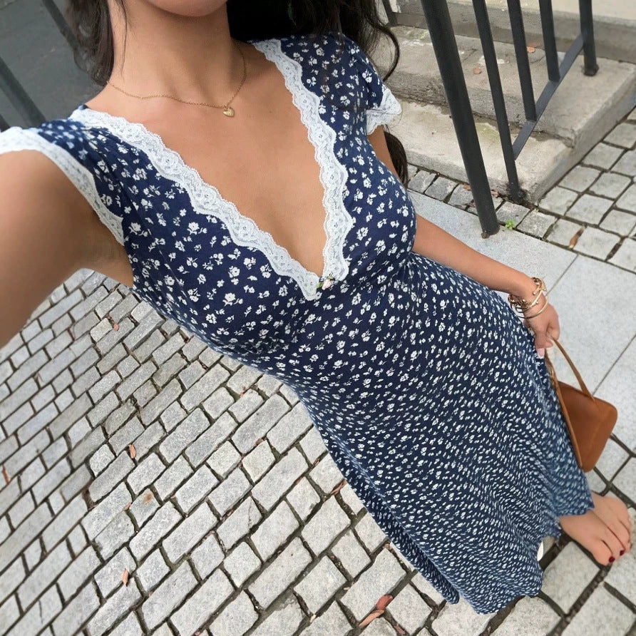 Damen Maxikleid mit floralem Muster und elegantem Spitzenbesatz Drune
