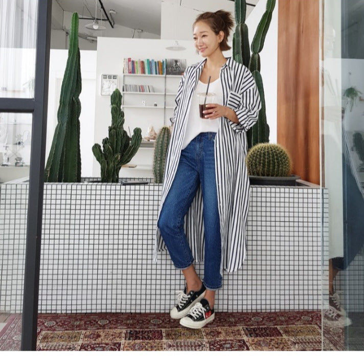 Damen Langes Gestreiftes Hemdmidaxi mit Stehkragen, Oversize‑Schnitt und tiefen Seitenschlitzen Drune