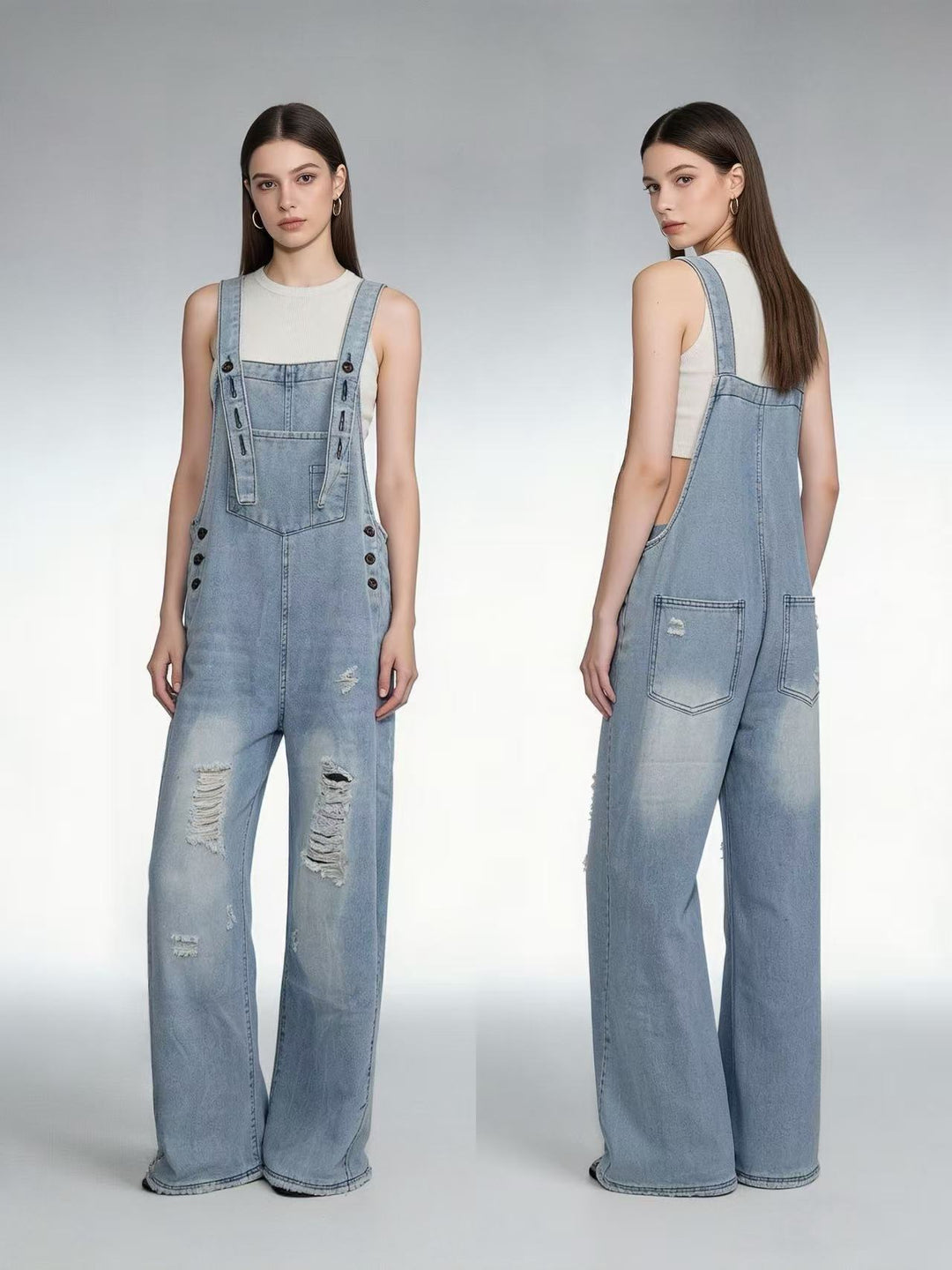 Damen nan moderne Baggy-Latzhose aus pigmentgefärbtem Stretch-Denim mit verstellbaren Trägern und sichtbaren Rissen Drune