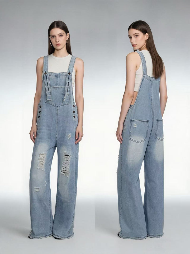 Damen nan moderne Baggy-Latzhose aus pigmentgefärbtem Stretch-Denim mit verstellbaren Trägern und sichtbaren Rissen Drune