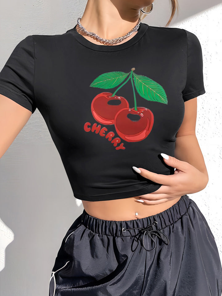 Damen Crop-T-Shirt mit fröhlichem Kirschmotiv Drune