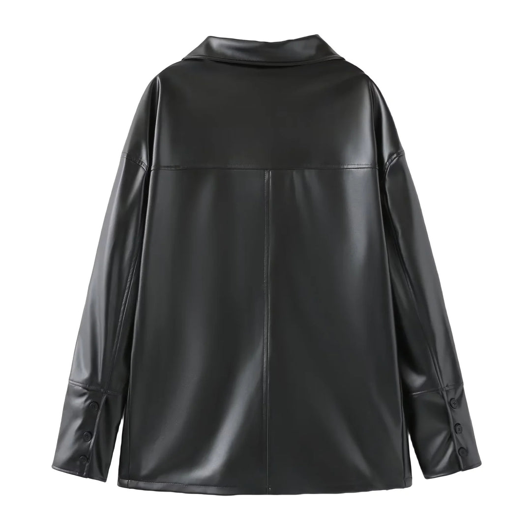 Damen nan oversized Kunstleder-Hemdjacke mit Hemdkragen, durchgehender Knopfleiste und aufgesetzten Eingrifftaschen Drune