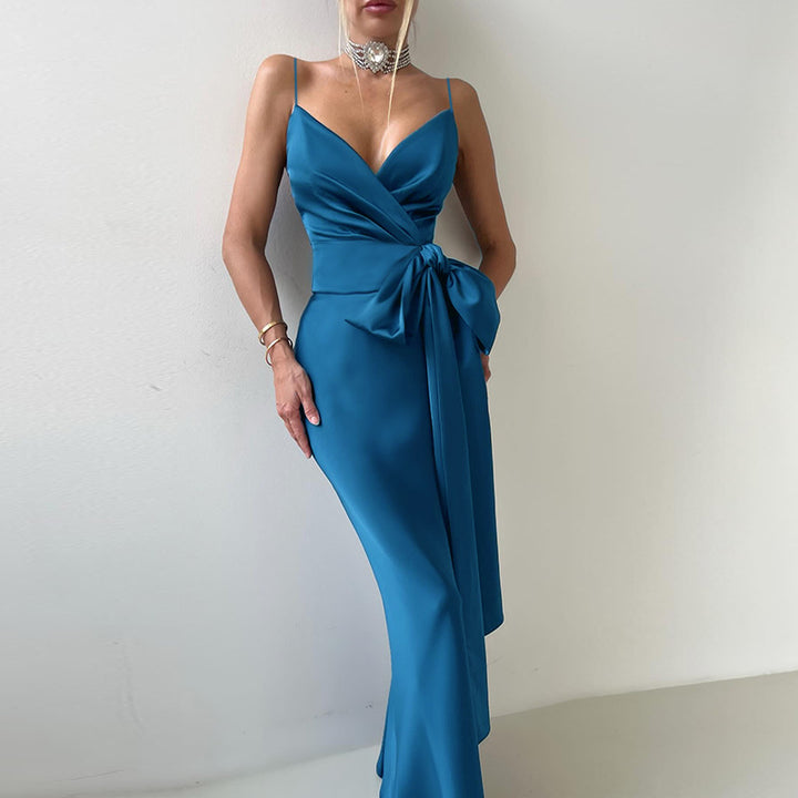 Damen elegantes Abendkleid mit Chiffon-Schleife Drune