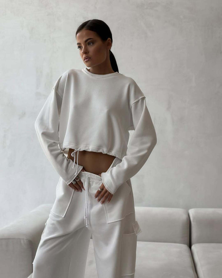 Damen kurzes Sweatshirt mit Kordelzug und Oversize-Ärmeln Drune