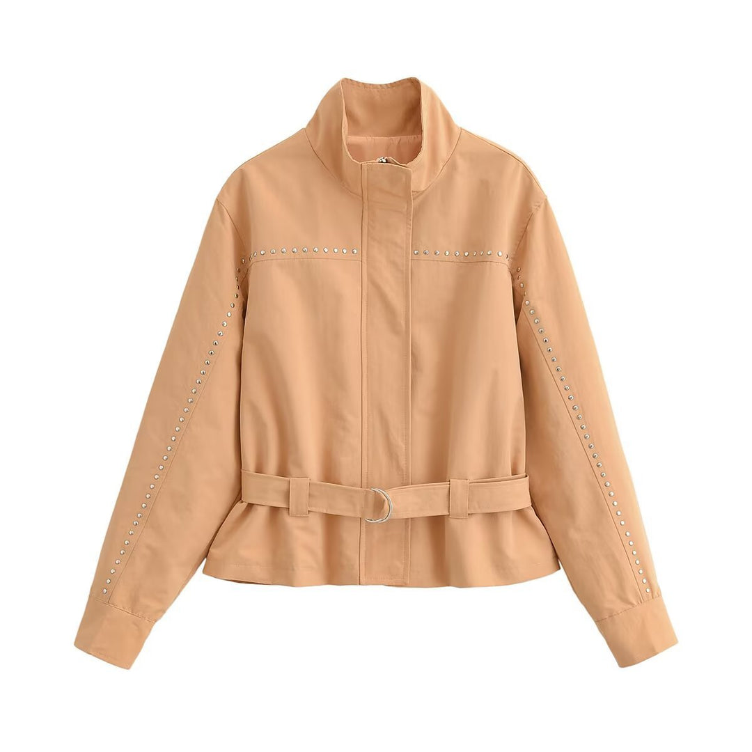 Damen Kurzjacke mit Nietenbesatz, Stehkragen und Taillengürtel Drune