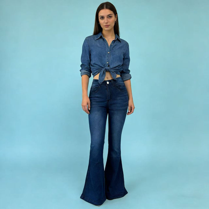 Damen nan High‑Waist Schlagjeans mit modellierender Hüftform, verstärkten Beinnähten und extra weitem Trompetenbein Drune