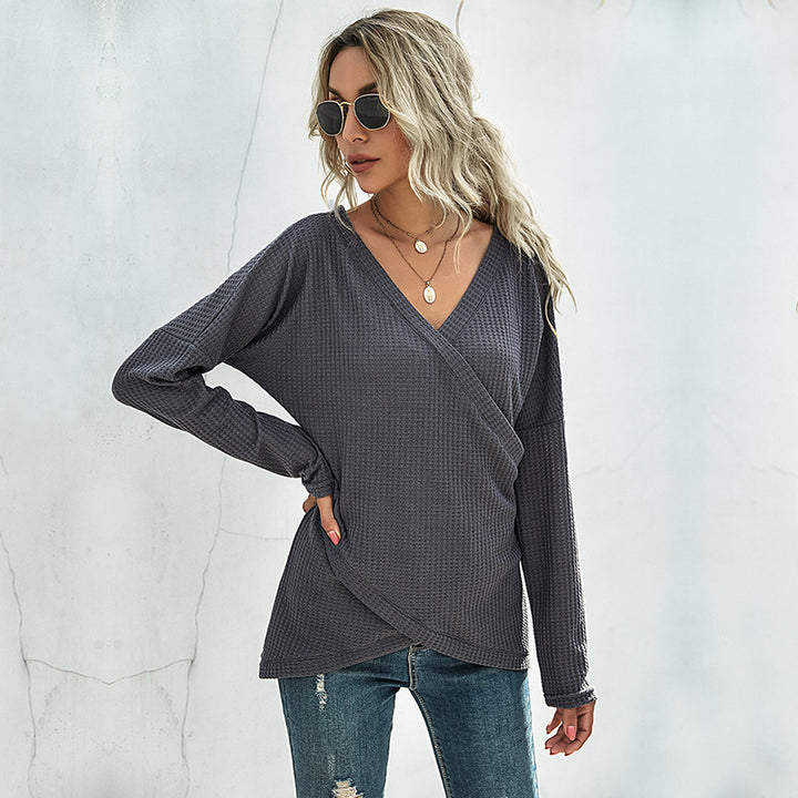 Damen Waffelstrick‑Wickelshirt mit V-Ausschnitt und langer Oversize-Ärmelpassform Drune