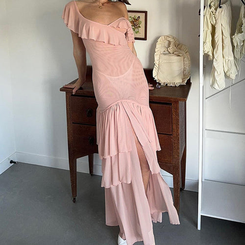 Damen Maxi-Kleid mit voluminösen Rüschendetails und figurformendem Schnitt Drune