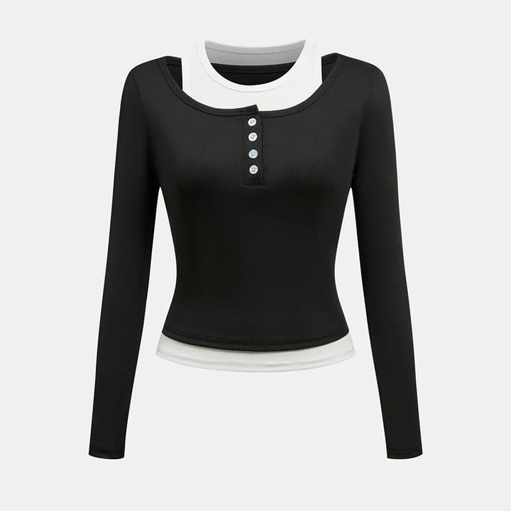 Damen Langarmshirt mit modischem Knopfverschluss und Schleifendetail Drune