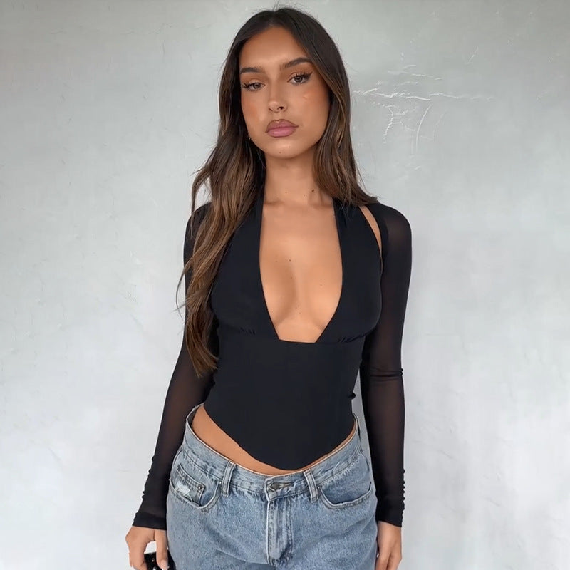 Damen Hochgeschlossenes Crop-Top mit transparenten Ärmeln Drune