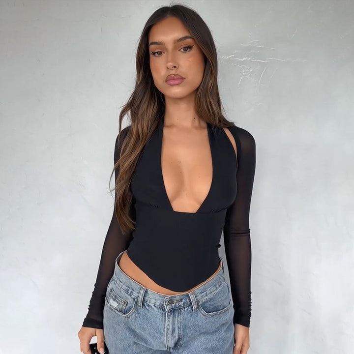 Damen Hochgeschlossenes Crop-Top mit transparenten Ärmeln Drune