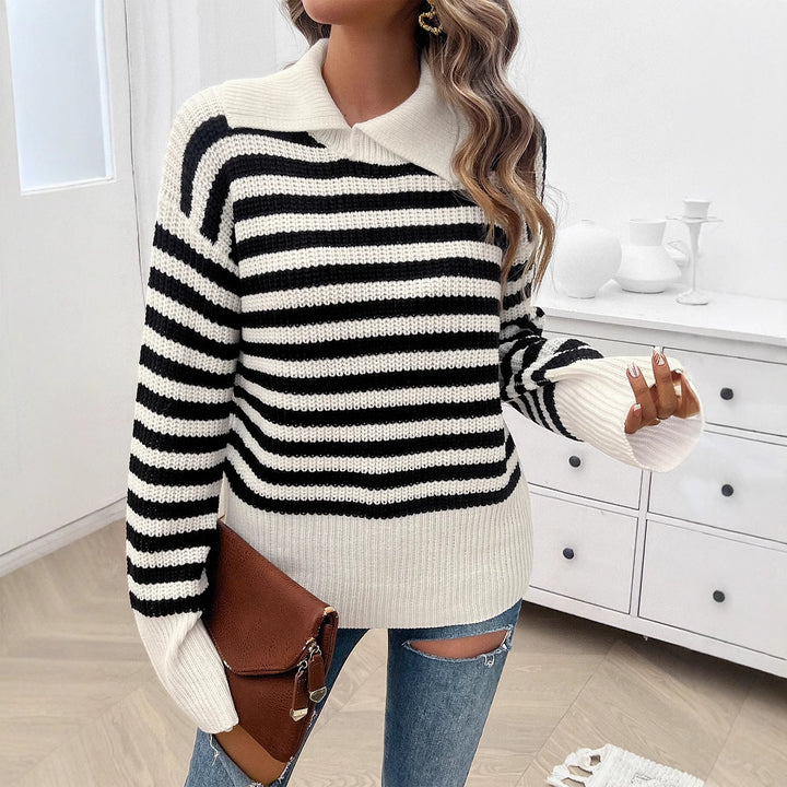 Damen nan gestreifter Polokragen-Strickpullover mit weitem Saum und ausgestellten Bündchen Drune
