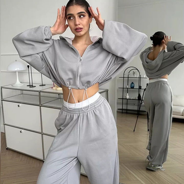 Damen kurzes Kapuzenzipper-Lounge-Set mit oversized Ärmeln und weitem Jogginghose-Schnitt Drune