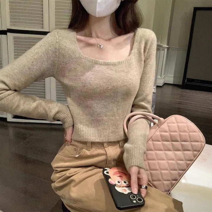 Damen lässiger Pullover mit quadratischem Ausschnitt und feiner Textur Drune
