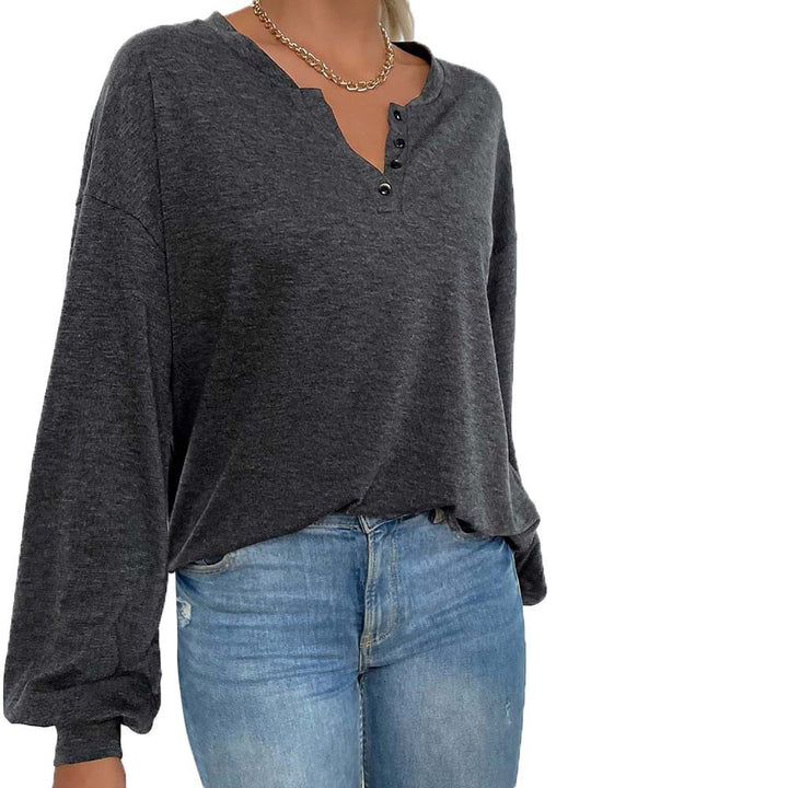 Damen lässiges Oversize-Henley-Longsleeve mit V-Knopfleiste und Ballonärmeln Drune