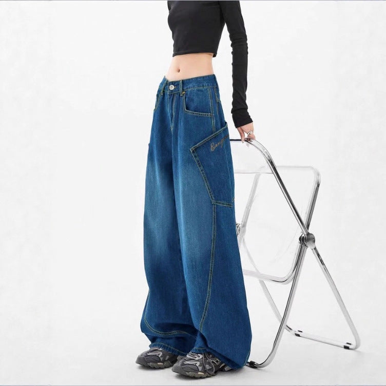 Damen Weite High-Waist Balloon-Jeans mit Utility-Taschen und kontrastierenden Nähten Drune