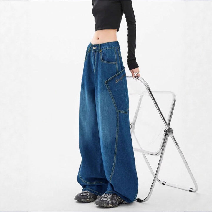 Damen Weite High-Waist Balloon-Jeans mit Utility-Taschen und kontrastierenden Nähten Drune