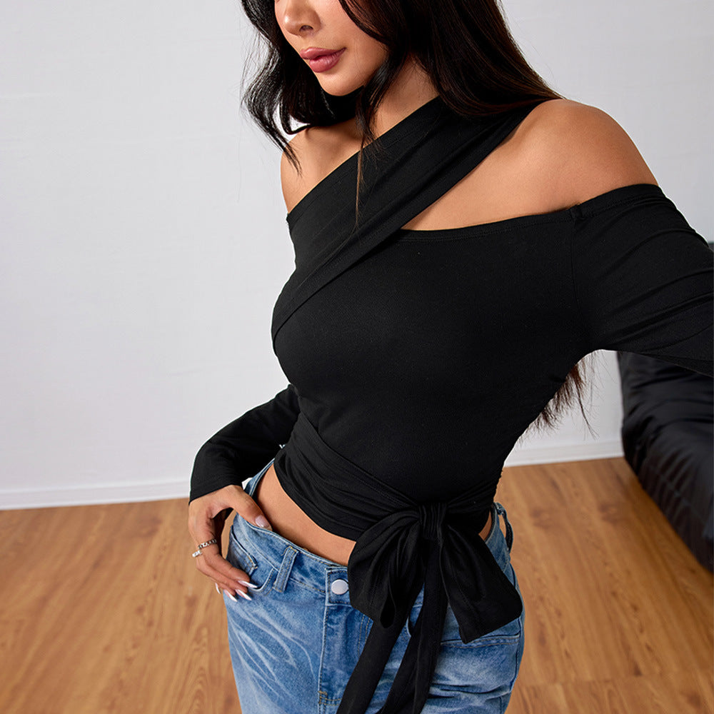 Damen asymmetrisches Wickeloberteil mit modischem Halter-Design und eleganter Raffung Drune