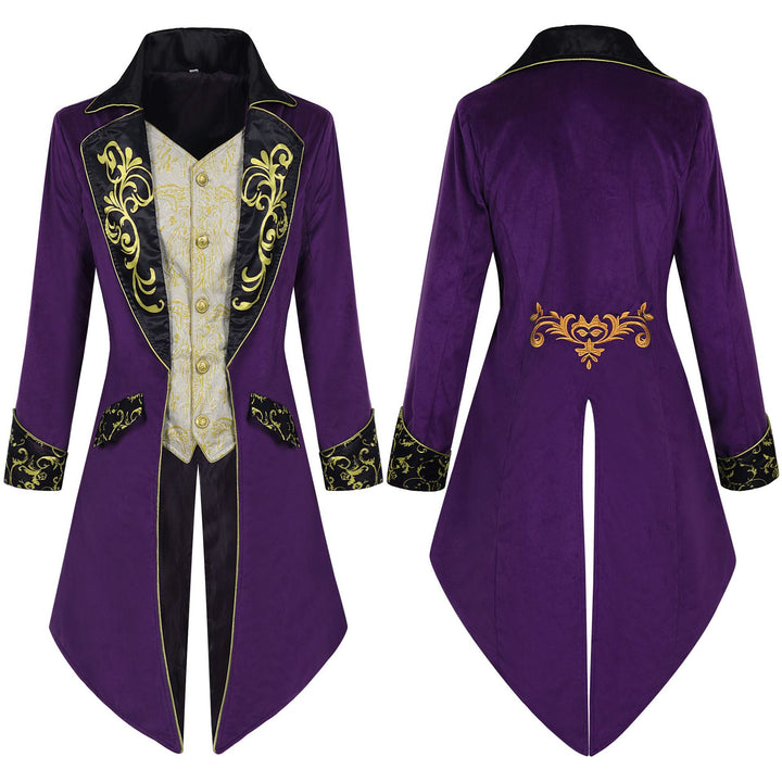 Herren nan eleganter Frackmantel im Barockstil mit goldbesticktem Revers und geteiltem Schwalbenschwanz Drune
