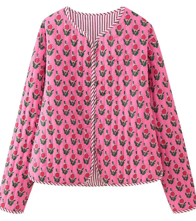 Damen Wattierte Jacke mit Blumenprint und gestreiften Paspeln Drune