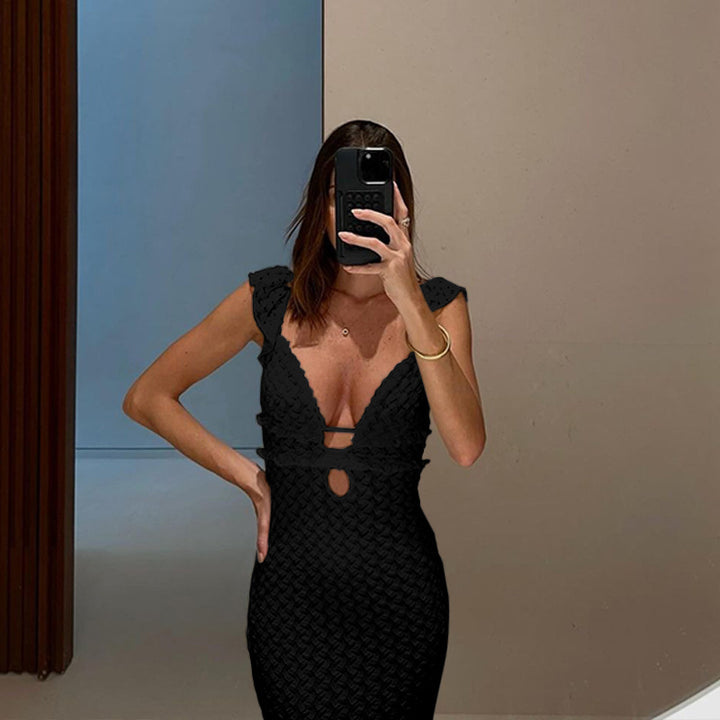 Damen Elegantes Maxikleid mit tiefem V-Ausschnitt und Rüschendetails Drune