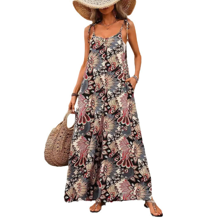 Damen Weiter Palazzo-Overall mit verstellbaren Trägern, Seitentaschen und Boho-Print Drune