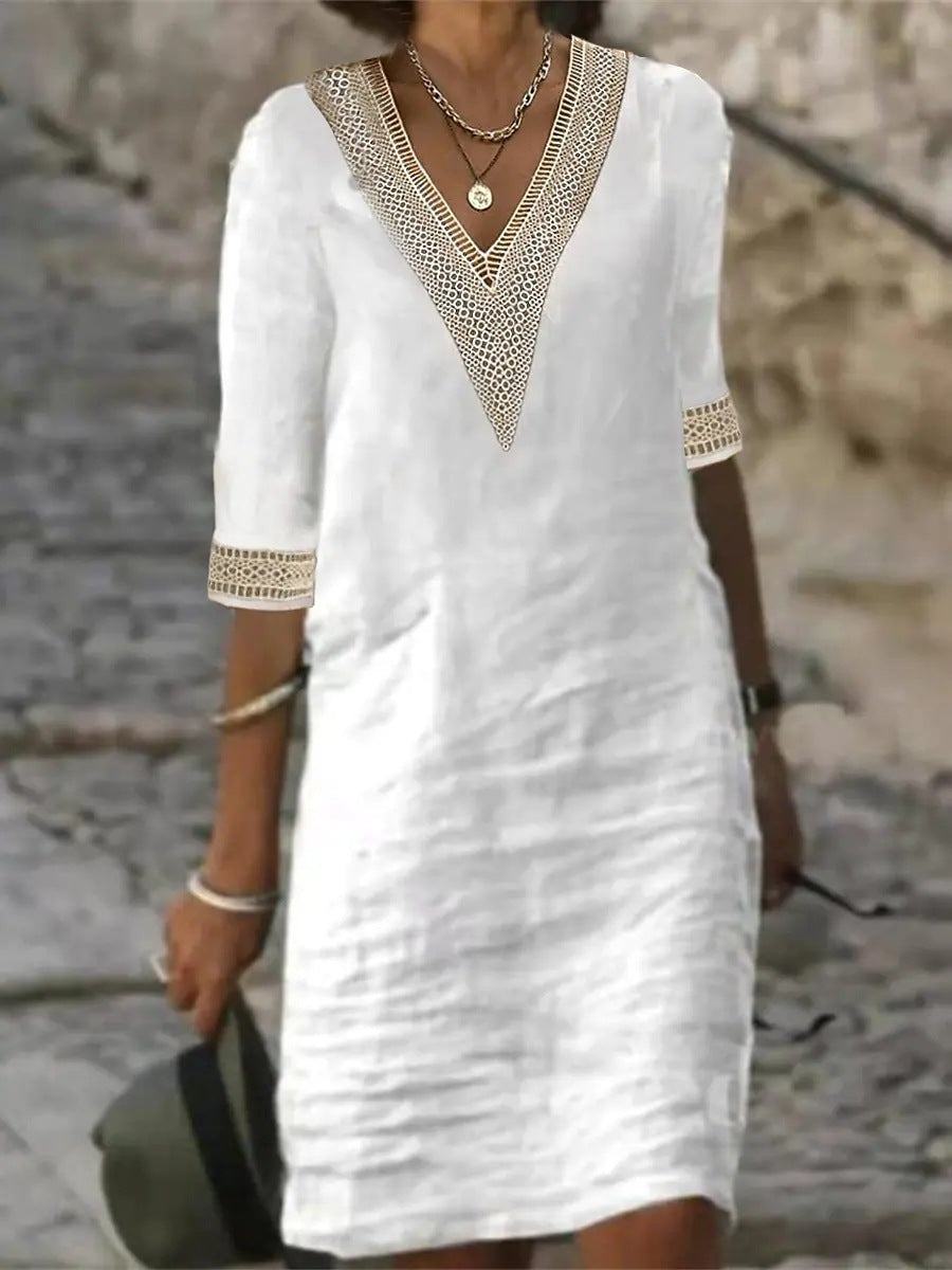 Damen Leinenlook Midi Kleid mit gehäkeltem V-Ausschnitt und 3/4 Ärmeln Drune