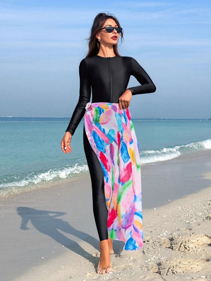 Damen modischer Schwimmanzug mit langem Arm und elegantem Wickelrock Drune
