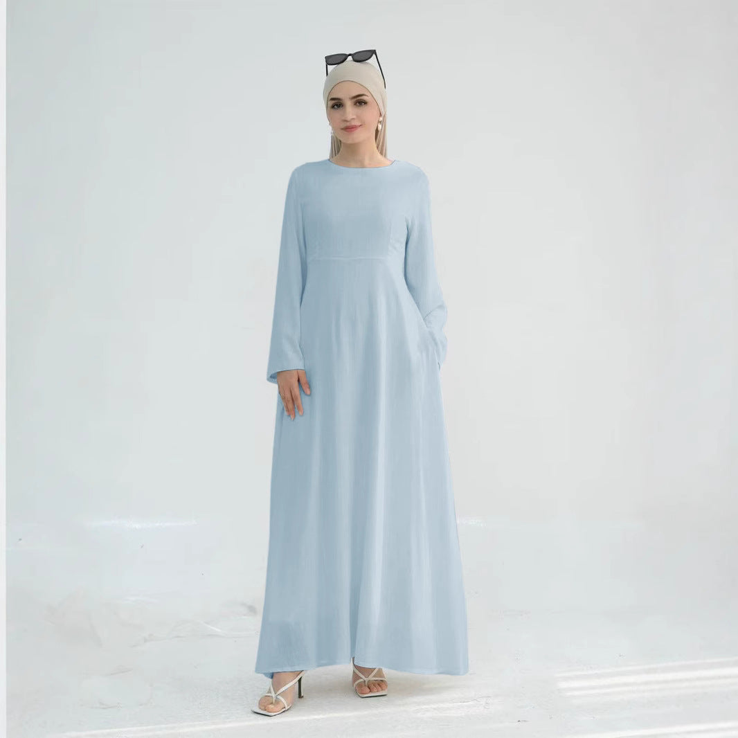 Damen elegantes Maxikleid mit langen Ärmeln und seitlichen Taschen Drune