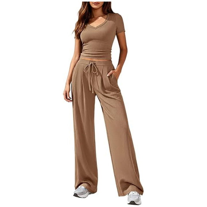 Damen Lässiges Lounge-Set mit tailliertem V-Ausschnitt bauchfreiem Top und weitem Kordelbund-Hose Drune