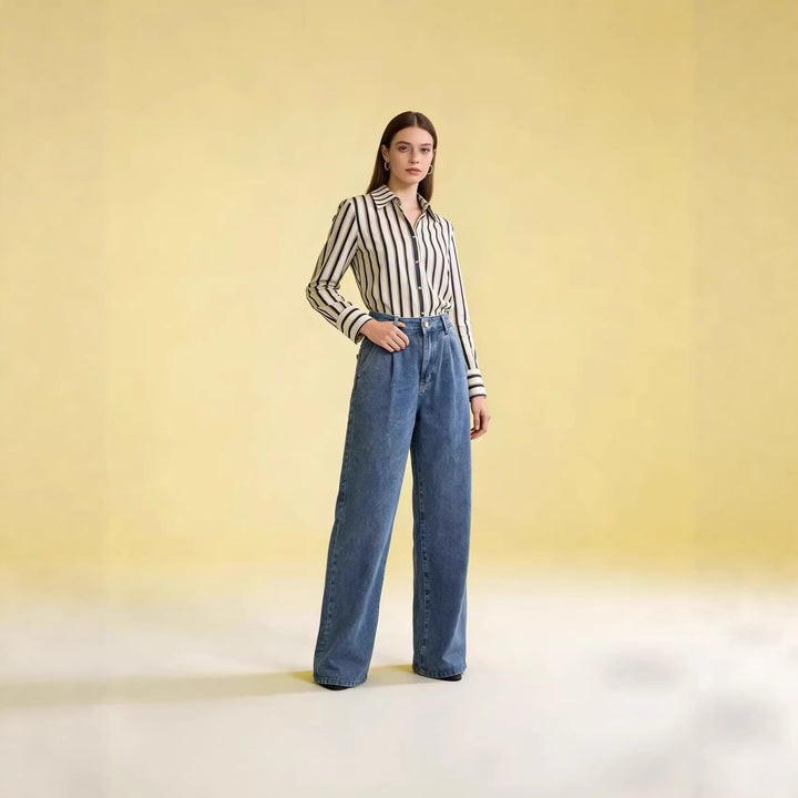 Damen hochgeschnittene weite Jeans im lässigen Stil mit eleganter Faltenlegung Drune