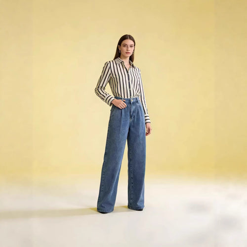 Damen hochgeschnittene weite Jeans im lässigen Stil mit eleganter Faltenlegung Drune
