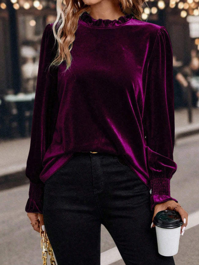 Damen Samtbluse mit Rüschenkragen und Smokbündchen Drune