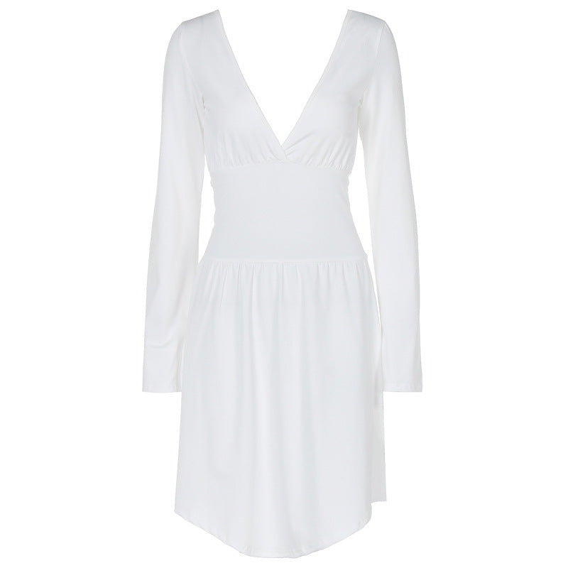 Damen elegantes Kleid mit tiefem V-Ausschnitt und langen Ärmeln Drune