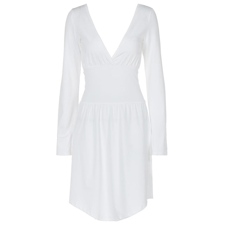 Damen elegantes Kleid mit tiefem V-Ausschnitt und langen Ärmeln Drune