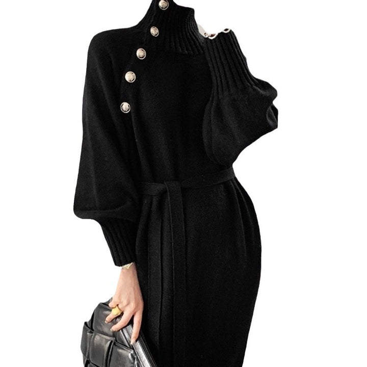Damen elegantes Strickkleid mit modischem Rollkragen und detailreicher Knopfverschluss Drune