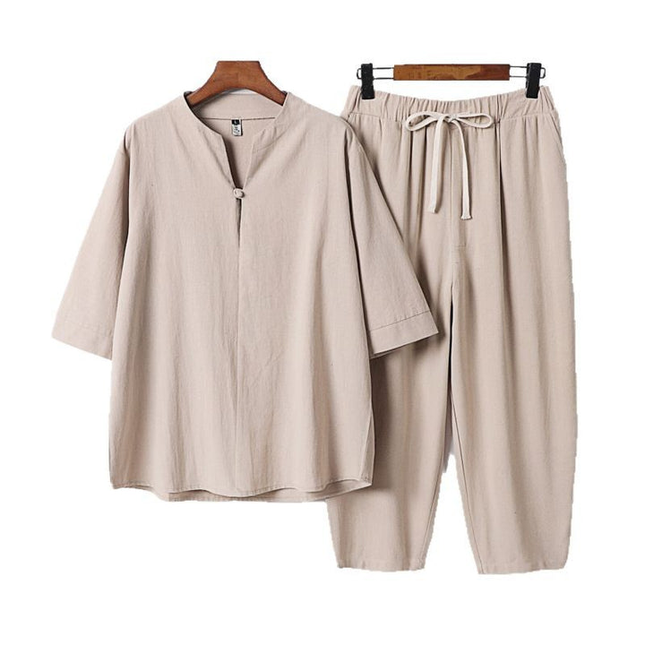 Damen Leichtes Leinen-Baumwoll-Loungewear-Set mit Stehkragen, Dreiviertelärmeln und Gummizugbundhose Drune